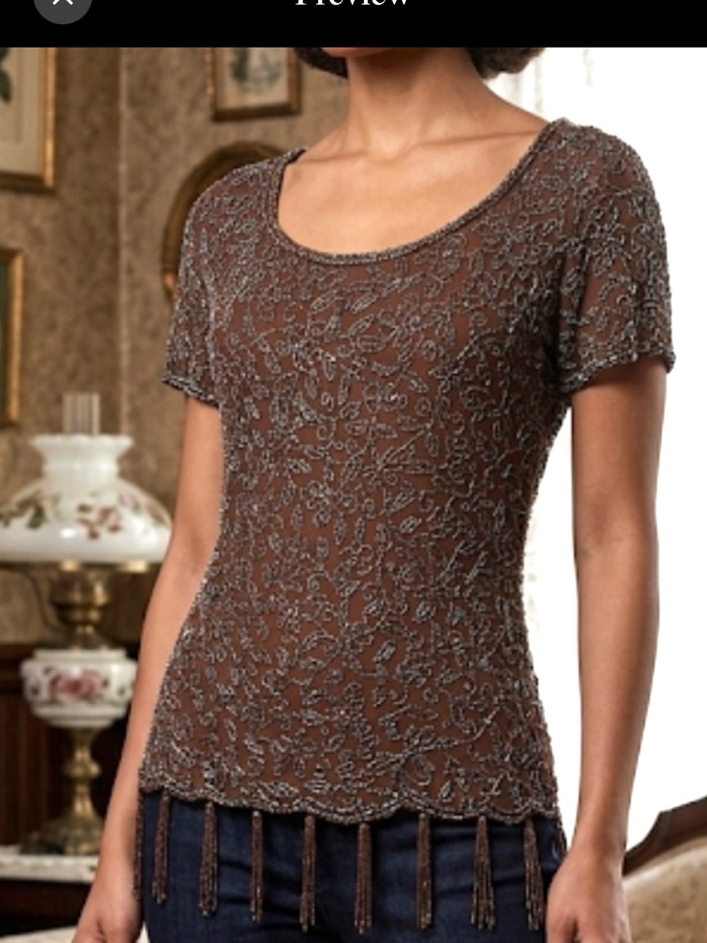 Bergdorf  Goodman vintage Sequin Beaded Brown Top with Tassels